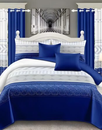 Blue & White Modern All-Season Bedding Set – 10pcs & 8pcs, 100% Cotton, Soft & Lightweight, Includes Pillow Covers & Stylish Curtains