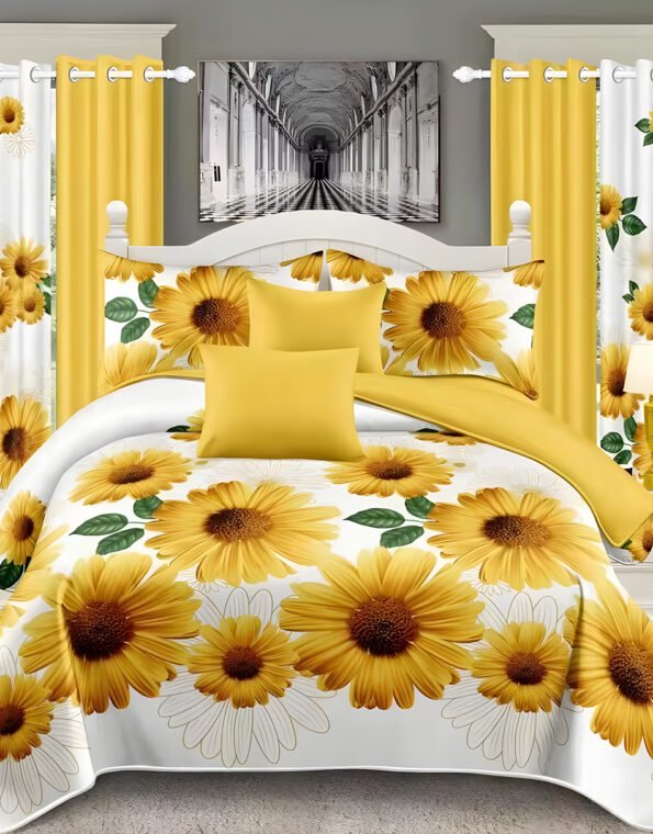 Yellow And White Modern All-Season Bedding Set – 10pcs & 8pcs, 100% Cotton, Soft & Lightweight, Includes Pillow Covers & Stylish Curtains