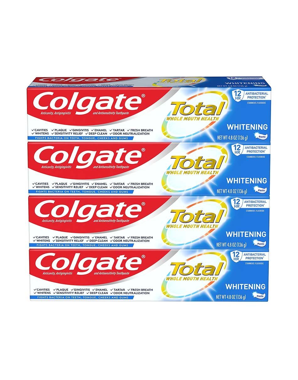Colgate Total Active Prevention Whitening Gel Toothpaste with Fluoride, Bulk with Clinically Proven Formula That Fights Plaque Bacteria, Mint, 4 Pack, 5.1 oz